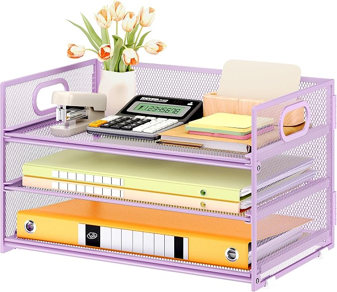Subekyu 3 Tier Letter Tray Paper Organizer with Handle and 1 PC Sliding Tray, Purple Metal Mesh Desk File Folder Paper Sorter Organizer for Home Office School Desk Supplies Organization Storage by SUBEKYU