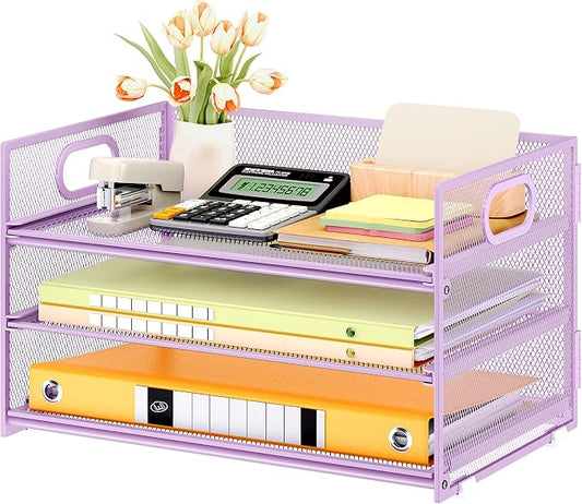 Subekyu 3 Tier Letter Tray Paper Organizer with Handle and 1 PC Sliding Tray, Purple Metal Mesh Desk File Folder Paper Sorter Organizer for Home Office School Desk Supplies Organization Storage by SUBEKYU