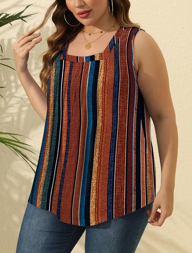 Saloogoe Summer Tank Tops for Women Loose Fit Pleated Square Neck Sleeveless Tops Curved Hem Flowy - Image 3