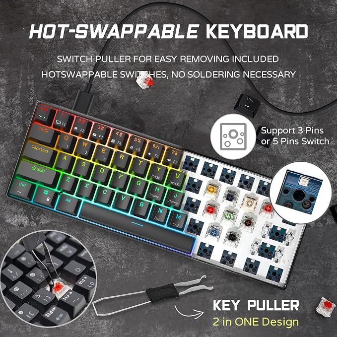 RK ROYAL KLUDGE RK61 Wired 60% Mechanical Gaming Keyboard Programmable QMK/VIA RGB Backlit 61 Keys Ultra-Compact Hot Swappable Blue Switch Black - Image 3