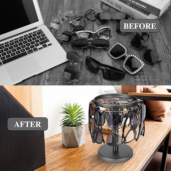 kondyfayo 360 Rotating Sunglass Organizer Glasses Holder (Titanium Black) | Stainless Steel Stand with 360 Rotation Holds 9 to 12 Pairs. Top Tray Stores Rings, and Keys for Desk, Dresser, Nightstand - Image 2