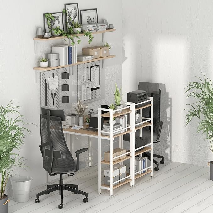 4NM 35.4" Small Computer Desk with 4-Tier Bookshelf and 8 Hooks, Home Office Desk Writing Workstation Study Table for Small Space Work - Natural and White - Image 4