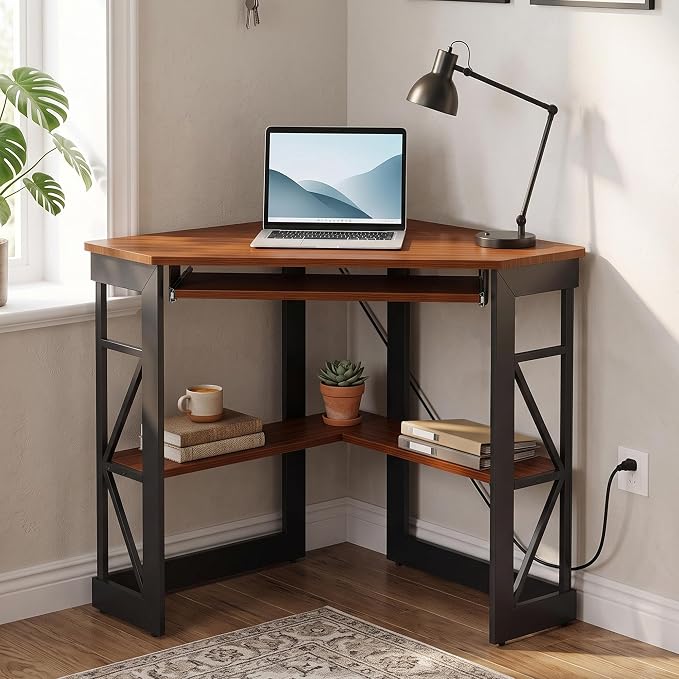VECELO Corner Desk, Triangle Computer Desk for Small Space with Charging Station and Keyboard Tray, Corner Makeup Table with Storage Shelves for Home Office Bedroom, 41x30, Teak Brown - Image 4