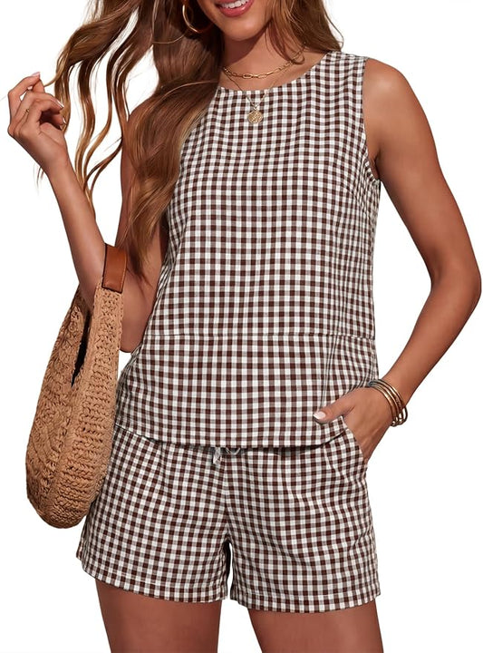 LOMON Women's Trendy 2 Piece Outfits Shorts Sets Summer Crew Neck Sleeveless Tank Top and Bottom Matching with Pockets 2026 by LOMON
