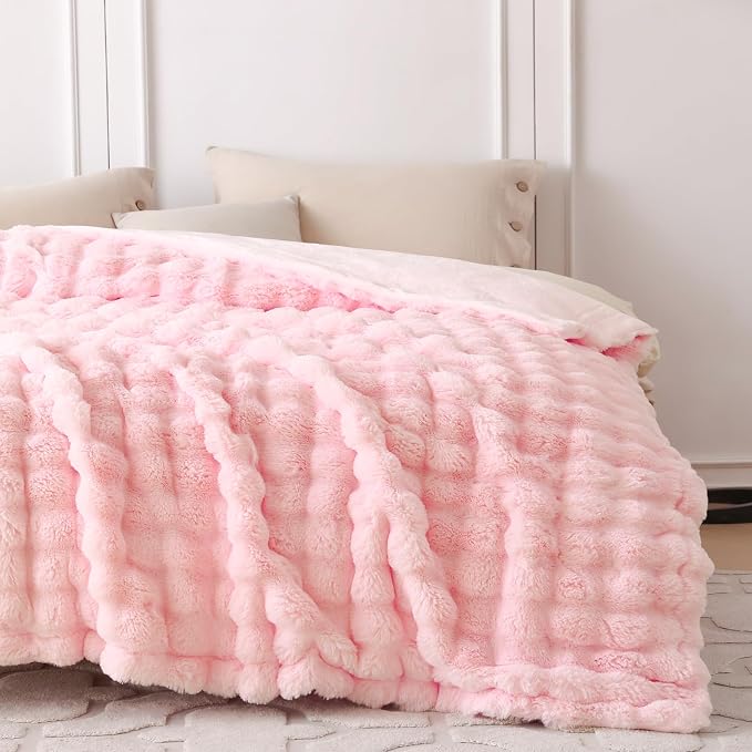COOVA Faux Fur Throw Blanket for Couch, Cozy Soft and Fuzzy Plush Rabbit Fur Bubble Blanket for Sofa Bedroom Living Room, 60x80 Inches Light Pink - Image 4
