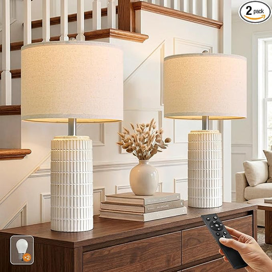 PoKat 23'' Dimmable Table Lamps with Remote for Living Room, Modern Stepless Adjustable Bedside Lamps Set of 2 for Bedroom, Nightstand Lamps for Office Nursery Desk Console Kids, White (No Battery) by Pokat