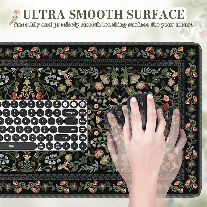 iCasso Floral Desk Mat,Mouse Pad for Office Decor,35.4x15.7in,Black | Back to School Desk Pad Mat, Anti-Slip Big Mousepad with Stitched Edges for Computer Desktop,Smooth Water-Resistant - Image 3