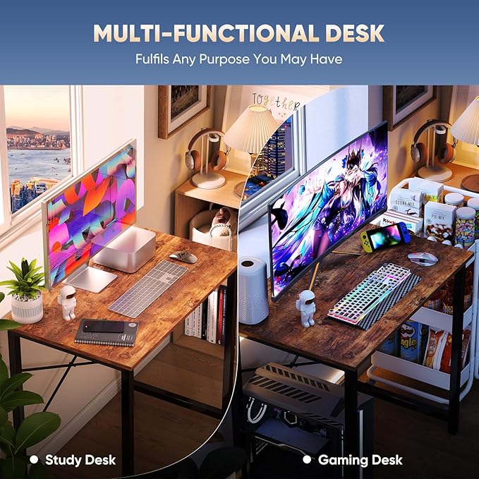 DUMOS 32 Inch Small Computer Desk, Gaming Desks for Home Office Bedroom | Modern Study Writing Work Table, Craft PC Desk Simple Workstation with Reinforcement Structure, Rustic Brown - Image 4