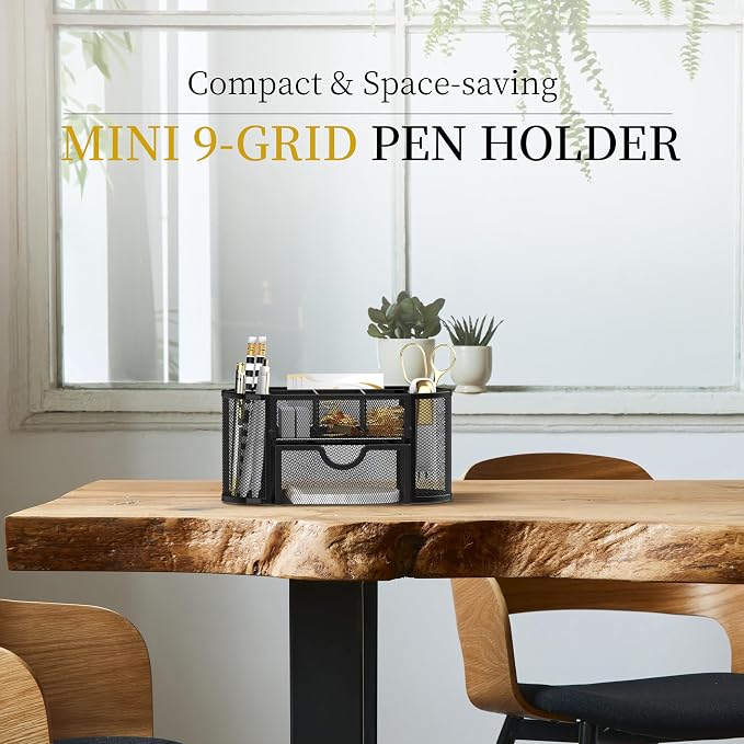 Mesh Desk Organizer with Drawer, 9-Compartment Pen Holder for Desk, Black | Pull-Out Drawer Stores Pens, Pencils, Clips, Notes, and Small Office or School Supplies in One Compact Desk Caddy - Image 2