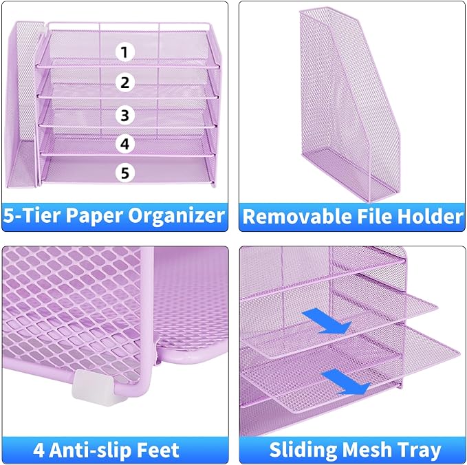 OPNICE Desk Organizer, 5-Tier Paper Organizer Letter Tray with Magazine Holder, Office Desk Accessories & Workspace Organizers, Desktop File Organizer for Office Supplies Storage, Purple - Image 3