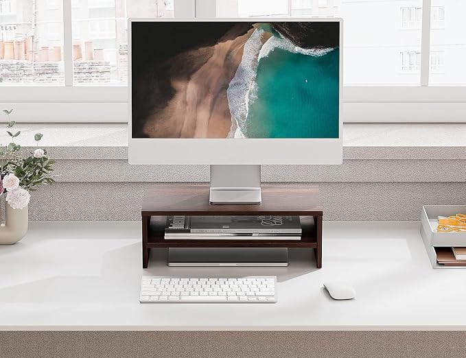 FITUEYES Monitor Stand - 2 Tier Computer Monitor Riser Shelf, Wood Desktop Stand for Laptop Computer Screen, Desk Organization, Office Supplies - Image 3