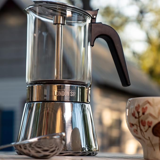 The London Sip Glass and Stainless Steel Stovetop Espresso Maker, Moka Pot Italian Coffee Percolator, Large (15.2 oz) - Image 4