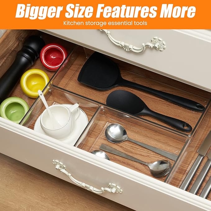 Criusia 18 Pcs Large Size Clear Drawer Organizer Set, Acrylic Non Slip Non Cracking Kitchen Drawer Storage Tray Divider, Multifunctional Storage for Cosmetics, Bathroom, Tools, Kitchen and Office - Image 6