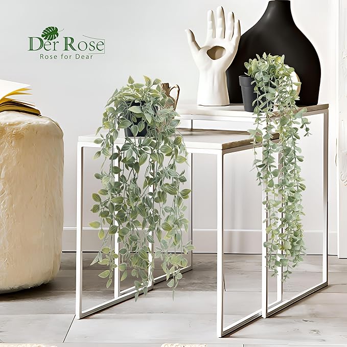 Der Rose 2Pcs Fake Plants Hanging Artificial Decor Faux Potted Eucalyptus and Pea Pod Plants for Boho Bathroom Home Office Desk Wall Shelf Bookcase Accessories Decor Indoor - Image 6