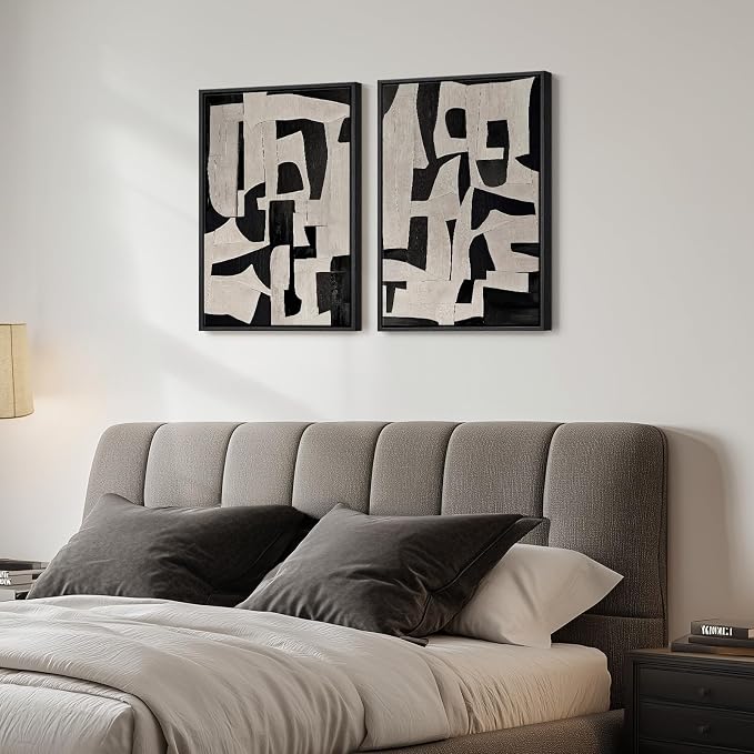 Framed Black and Beige Abstract Wall Art, 2 Piece Canvas Prints Paintings Artwork for Walls, Modern Minimalist Abstract Pictures for Living Room Hallway Bedroom Office Bathroom Wall Decor 16x24 In - Image 2