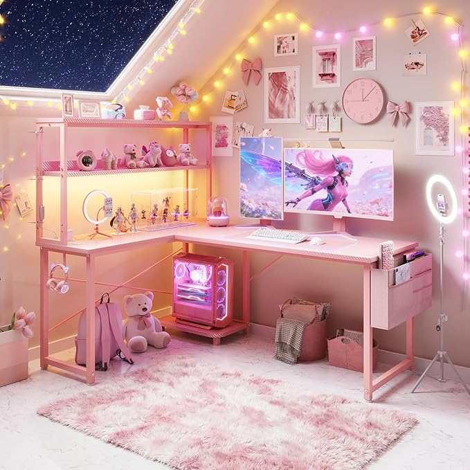 AODK L Shaped Desk Gaming Desk with LED Light & Power Outlet | 53 Inch Pink Reversible L Shaped Computer Table with Shelf & Storage Bag & Hook for Home Office - Image 2