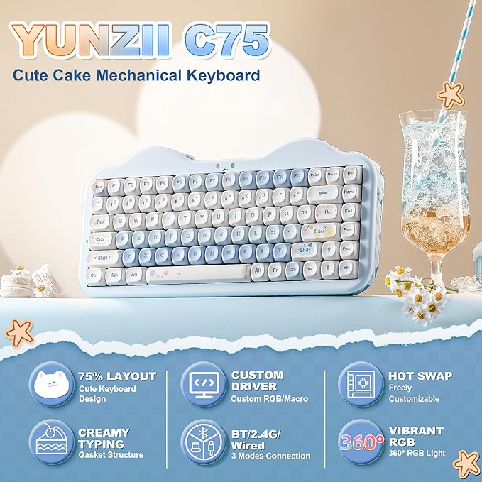 YUNZII C75 Cute 75% Wireless Mechanical Keyboard (Blue, Milk V2 Switch) | Creamy Cake Keyboard, BT5.0/2.4G/USB-C, Hot-Swap, NKRO, PBT MOA Keycaps,5500mAh RGB Gasket Mount for Mac/Win/Gaming/Office - Image 2