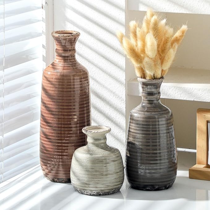 Ceramic Vases Set of 3, Neutral Rustic Farmhouse Vases Home Decor Decorative Flower Vase Modern Boho Pampass Vase for Table Mantel Entryway Shelf Living Room Kitchen Bathroom - Brown - Image 6