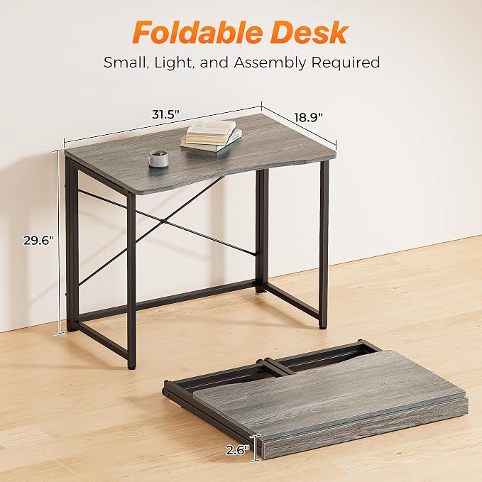 Huuger Folding Desk for Small Spaces, 31.5 Inch Foldable Computer Table, Easy Assembly, for Home Office, Study, Bedroom, Dorm, Space Saving, Small Writing Work Office Computer Desk, Grey - Image 2