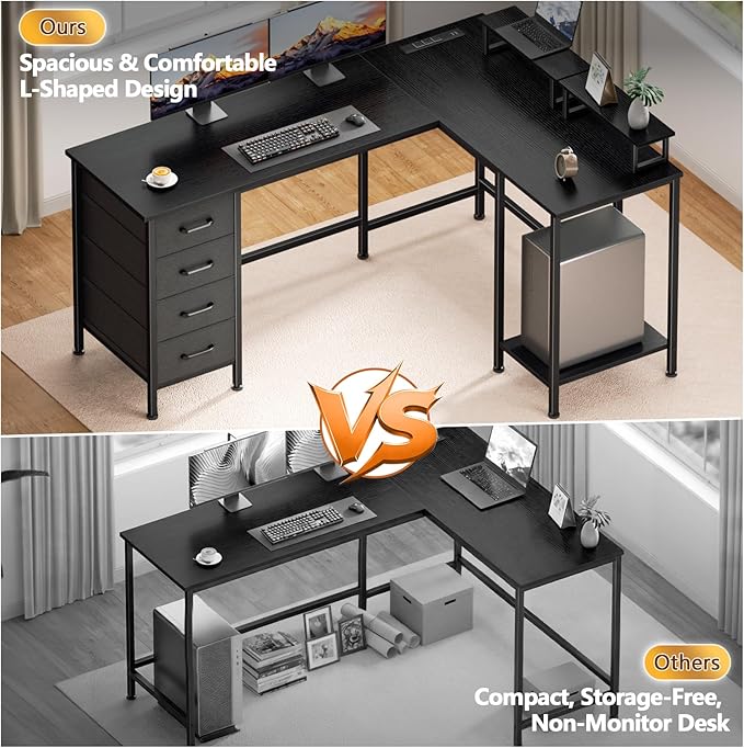 Korfile 59 inch L Shaped Computer Desk with Power Outlets, Black | Ideal for Home Office, Bedroom, Corner, 4 Adjustable Storage Drawers, 2 Monitor Stands, Reversible, Two Person Gaming Table - Image 5