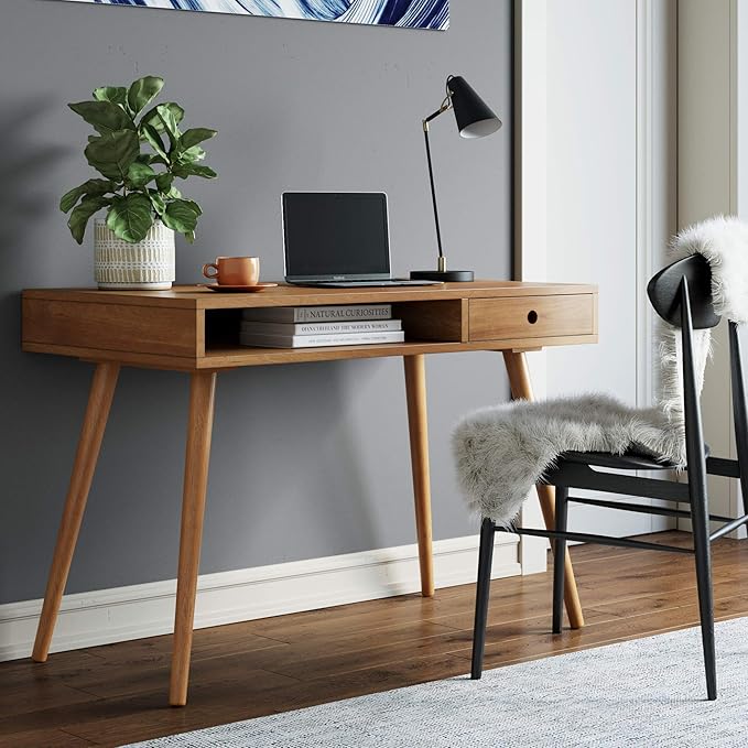 Nathan James Parker Modern Home Office Writing, Computer or Laptop Desk with Open Storage Cubby and Small Drawer, Walnut by Unknown