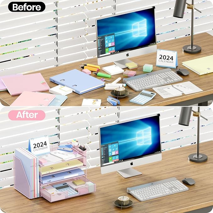 OPNICE Desk Organizer, 4-Tier Desktop File Organizer with Drawer and Pen Holders, Office Desk Accessories, File Sorters, Workspace Organizers for Office Supplies(Pink) - Image 2