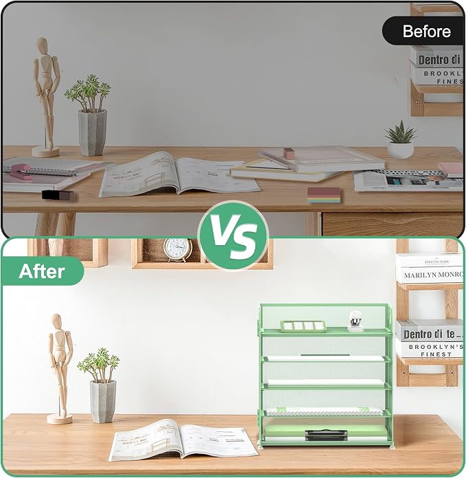 Supeasy 5 Trays Paper Organizer Letter Tray with Handle-Mesh Desk File Holders, Paper Sorter Desk Organizer for Office, Home, Classroom or School(Mint Green) - Image 6