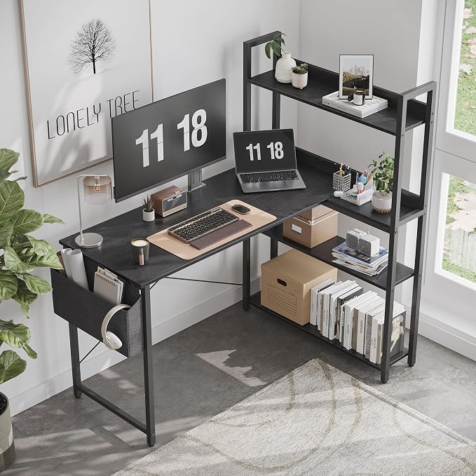 Treesland 55 Inch Small L Shaped Desk, Corner Desk with Bookshelf, Home Office Desk, Writing Study Desk for Bedroom, Black - Image 2