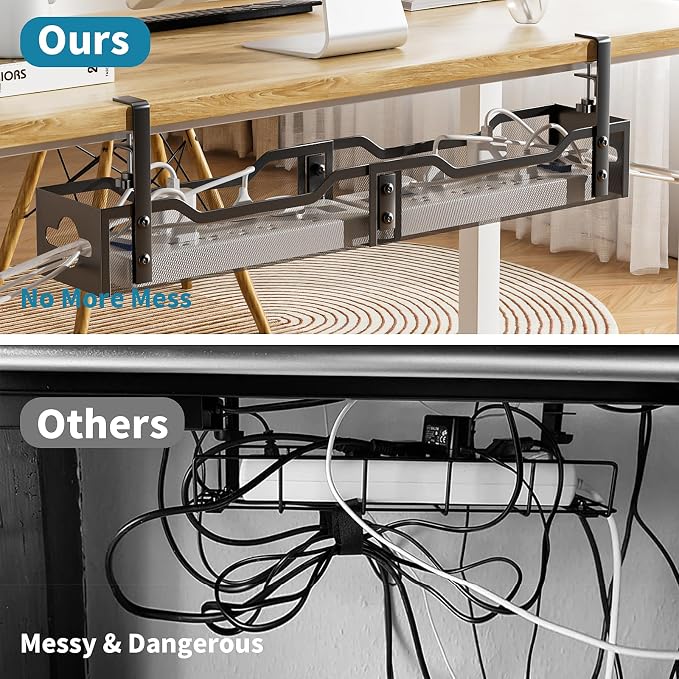 Under Desk Cable Management Tray Black, Litwaro Cable Management Under Desk No Drill, 25'' Cable Tray with Clamp for Wire Management, Cord Organizer for Office, Home - No Damage to Table - Image 4