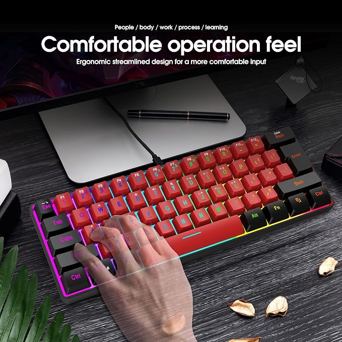Snpurdiri 60% Wired Gaming Keyboard,True RGB Small Compact 61 Keys Mini Keyboard for PC/Mac Gamer, Typist, Travel, Easy to Carry on Business Trip(Black-Red) | Mini Gaming Keyboard for PC/Mac Gamer, Typist, Travel, Easy to Carry on Business Trip - Image 6