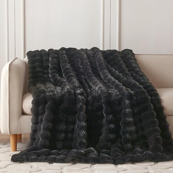 COOVA Faux Fur Throw Blanket for Couch, Cozy Soft and Fuzzy Plush Rabbit Fur Bubble Blanket for Sofa Bedroom Living Room, 50x60 Inches Black - Image 2