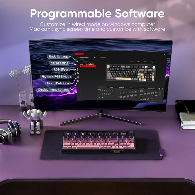 RedThunder K95 Wireless Mechanical Keyboard,TFT Screen & Knob, Trip-Modes Connection, Gasket Custom Hot-Swap Keyboard, RGB Backlit, Pre-lubed Linear Switches, Side Printed PBT Keycaps, Gradient Pink - Image 8