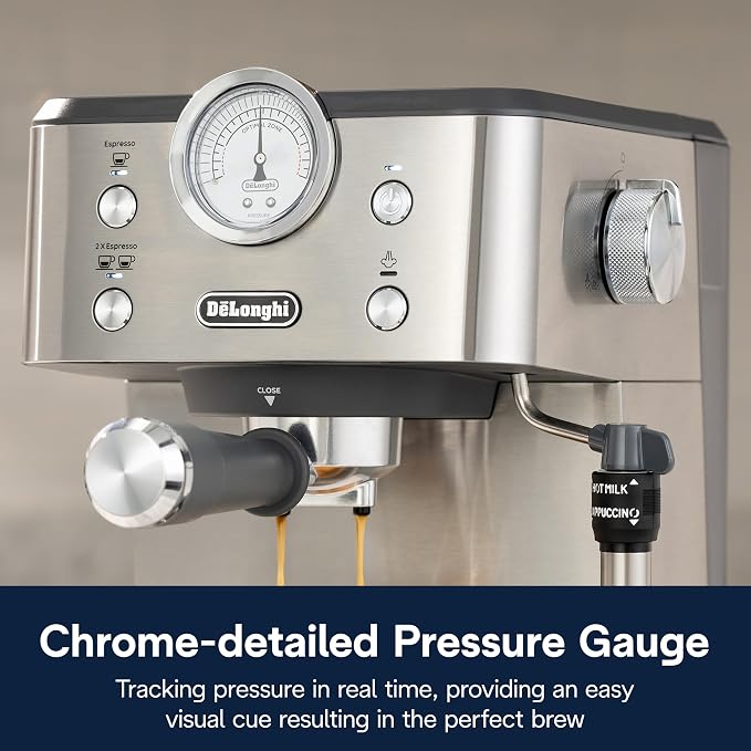 De'Longhi Classic Signature Espresso Machine, Adjustable Milk Frother | #1 Worldwide Espresso Machine Maker, Rapid Heat-Up, Preset Single & Double Espresso, Frother, Pressure Gauge, Compact Design - Image 6