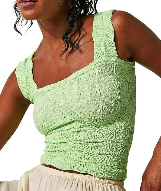 Women's Square Neck Wide Strap Crop Tank Tops Flower Going Out Tops Slim Fit Lettuce Trim Crop Cami Tops by NiceYourLife