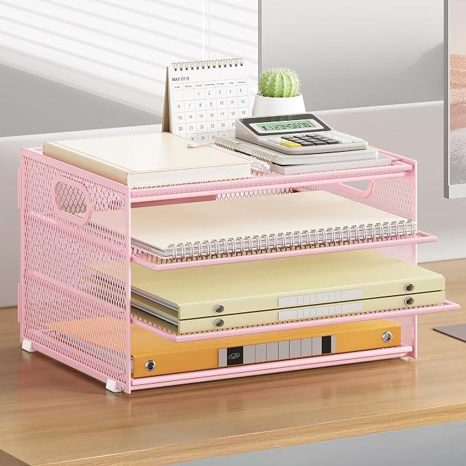Subekyu Paper Letter Tray Organizer for Desk, Pink Metal Mesh Desk File Sorter Organizer with Handle and 2 Sliding Trays for Home Office School Supplies Organization - Image 2