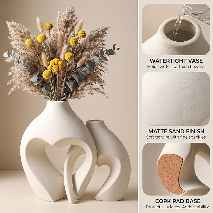 White Ceramic Flower Vase Home Table Decor Heart Shaped Vase Set of 2 | Boho Heart Shaped Minimalist Decorative Vases for coffee Table Centerpiece Wedding Dining Living Room Office House Decoration - Image 3