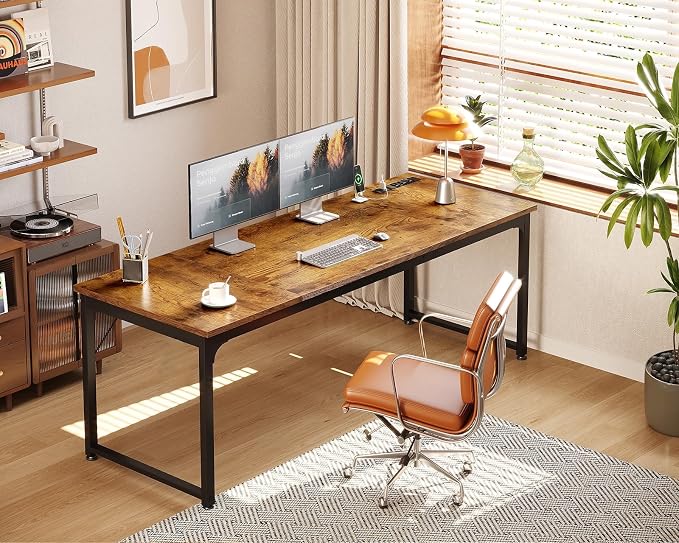 Coleshome 71 Inch Computer Desk with USB Ports, Large Office Desk, Long Study Student Writing Desk, Rustic Brown | Extra-long workspace • Fits dual monitors • Stable steel frame • Spacious legroom • Home office & gaming - Image 2