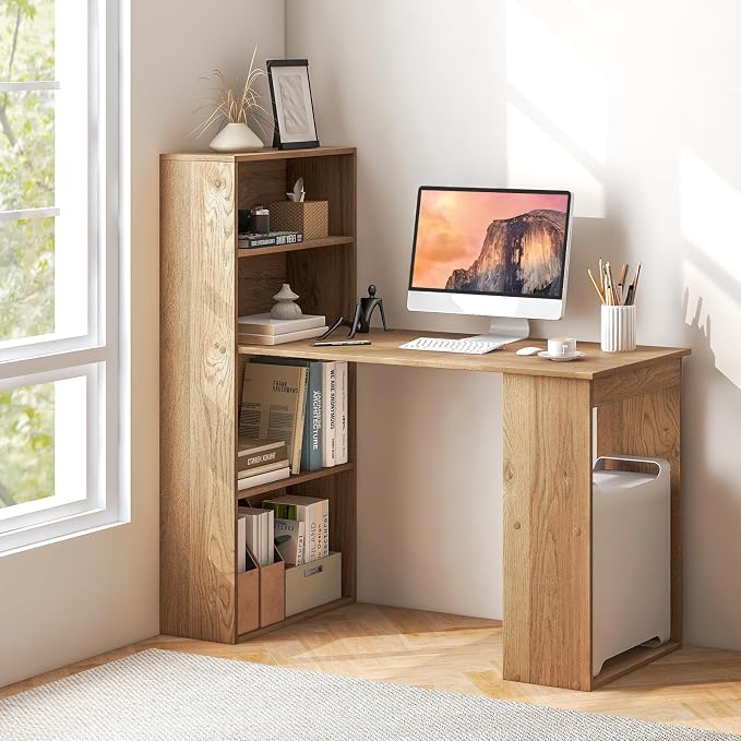 GRAFFY Computer Desk with 6 Storage Shelves - 48" Reversible Writing Desk Workstation with Bookshelf and CPU Stand, Modern Compact Office Desk for Bedroom, Study, Home, Office (Natural) by BUYNOW