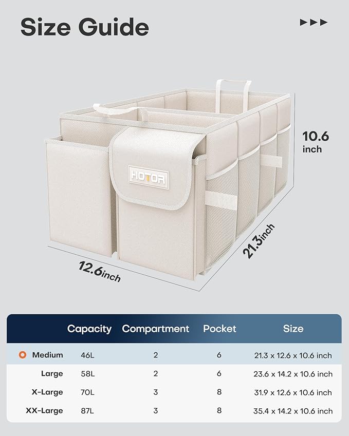HOTOR Trunk Organizer for Car - Car Organizer, Foldable Trunk organizer for SUVs & Sedans, Sturdy Organization for Car Accessories, Tools, Sundries, Beige, 2 Compartments, 21.3"×12.6"×10.6" - Image 2