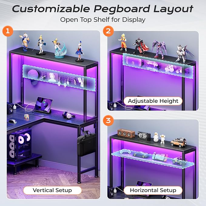 PRAISUN L Shaped Gaming Desk with LED Lights & Power Outlets, Reversible Computer Desk with Storage Shelves & Bag, Large Corner Home Office Desk with Pegboard for Work from Home, Black - Image 8
