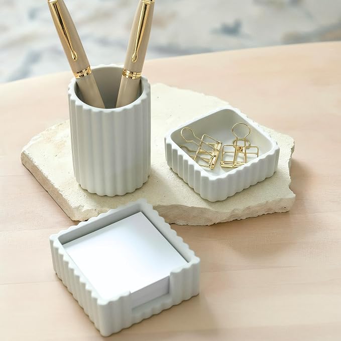 Aesthetic Desk Organizer Set of 3 For Your Office - Sturdy Concrete Desktop Accessories For Women Enhance Any Office Decor - Set incl. Pen Holder, Paperclip Storage & Sticky Note Holder for Teacher - Image 9