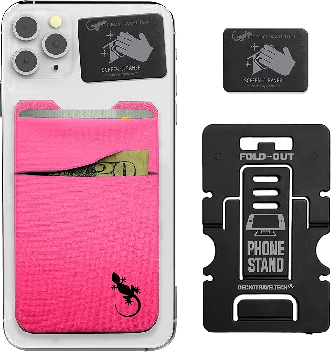 Gecko Travel Tech Double Pocket - Adhesive Card Holder - Cell Phone Pouch - Stick on Spandex Pocket - Carry Credit Cards and Cash (PINK BLACK) by GeckoTravelTech