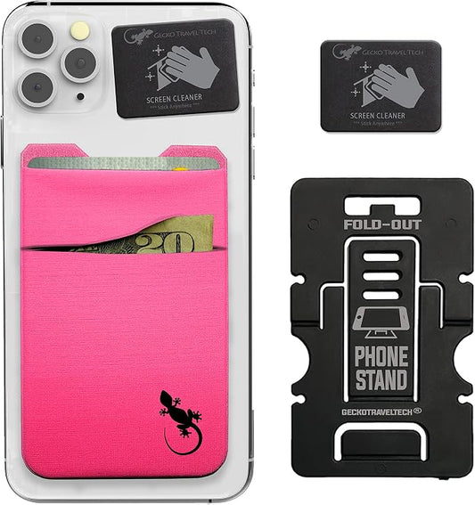 Gecko Travel Tech Double Pocket - Adhesive Card Holder - Cell Phone Pouch - Stick on Spandex Pocket - Carry Credit Cards and Cash (PINK BLACK) by GeckoTravelTech