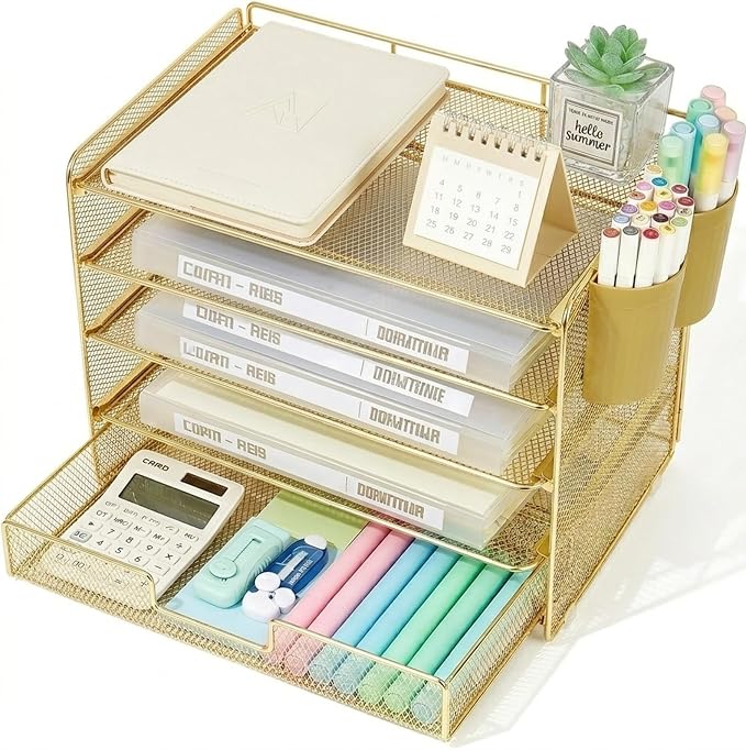 LEKETREE Desk Organizers and Accessories, 5-Tier Paper Letter Tray Organizer with Drawer & 2 Pen Holders, Desktop Organizer for Office Supplies (Gold) by Stylishworkspaceeffortlessorganization