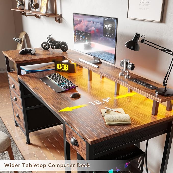Furologee 60" Computer Desk with 4 Drawers, Power Outlet, LED, Rustic Brown | Home Office Desk with Full Monitor Stand,Storage Shelves, 4 File Drawers Cabinet ,Printer Space for Study Working Bedroom - Image 7