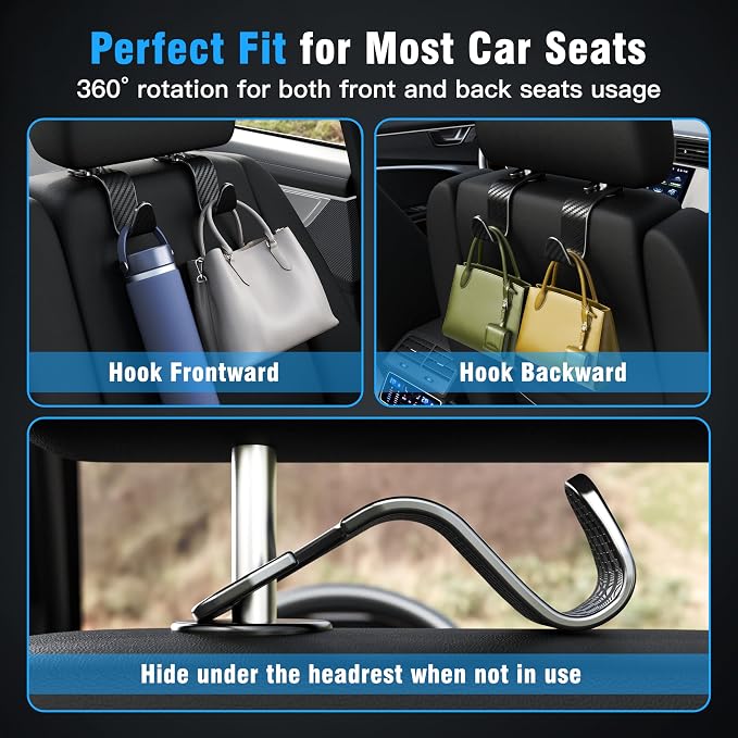 Amooca 4-Pack Car Headrest Hooks Vehicle Storage Organizer for Purses Handbags Groceries Coats –Holds 55lbs 360° Rotating Simple Design Black Checkered - Image 3