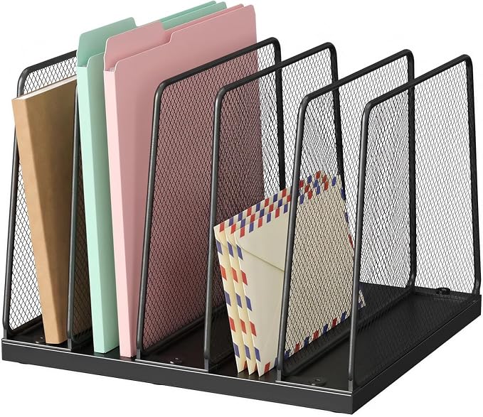 LEKETREE Desk File Organizer, 5-Section Upright File Sorter, Vertical File Folder Holder, Mesh Metal Wood Office Desktop Organization for Document, Magazine, Books and more (Black) by Stylishworkspaceeffortlessorganization