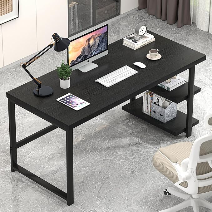 EXCEFUR Black Desk, Modern Computer Desk for Home Office, Metal Wood Writing Study Table Workstation with Storage Shelf for Living Room, Bedroom, 53 Inch - Image 3