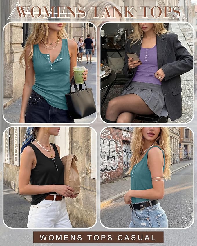 Ficerd 3 Pack Women's Henley Tank Tops Sleeveless Button Down Summer Shirts 2026 Casual Trendy Loose U Neck Tee Blouses - Image 3