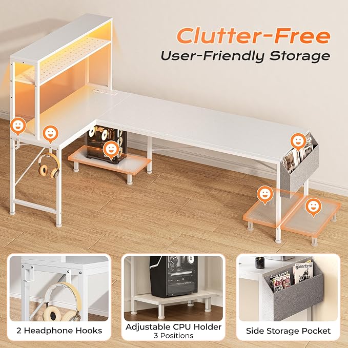 PRAISUN L Shaped Gaming Desk with LED Lights & Power Outlets, Reversible Computer Desk with Storage Shelves & Bag, Large Corner Home Office Desk with Pegboard for Work from Home, White - Image 9